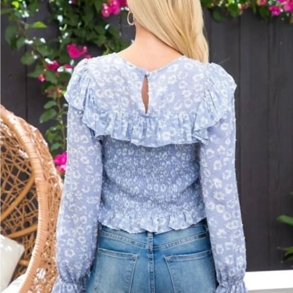 Blue & Cream Smocked Long Sleeve Top - Picture 2 of 3